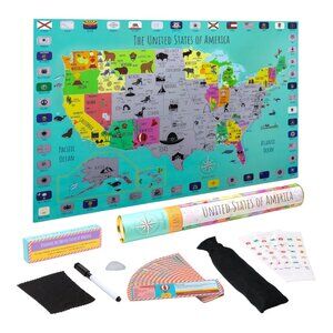 Kids Scratch Off USA Map Poster 24x17 Laminated Educational Learning Gift Set